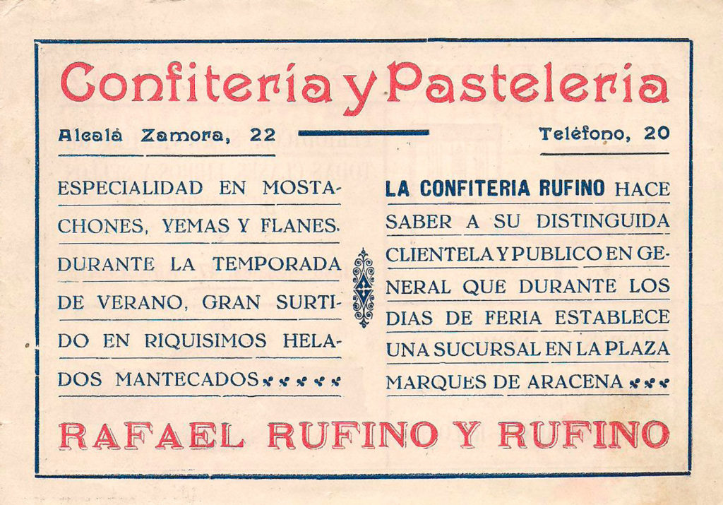 publicidad confitería rufino aracena 1934